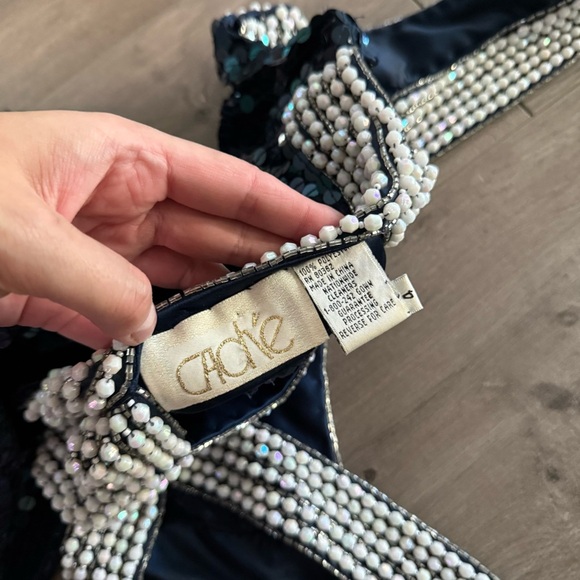 Vintage Cache Blue Sequin White Beaded Cage Cut Out Mini Dress - Picture 4 of 6